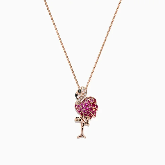 Safari 14K Rose Gold Ruby and Diamond Flamingo Pendant, 0.64 TCW