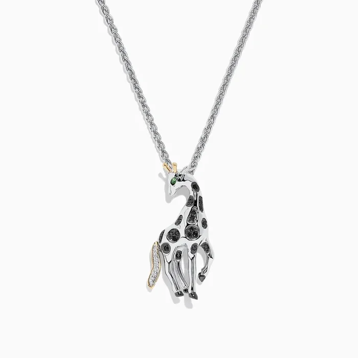Safari Sterling Silver Black Diamond Giraffe Pendant, 0.13 TCW