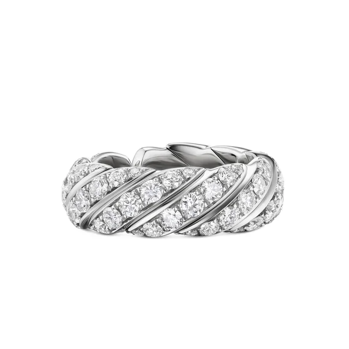 Sculpted Cable Flex Band Ring in 18K White Gold with Diamonds, 7.5mm
