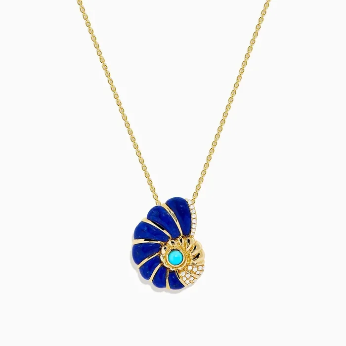 Seaside 14K Gold Lapis Lazuli, Turquoise, and Diamond Nautilus Shell Pendant