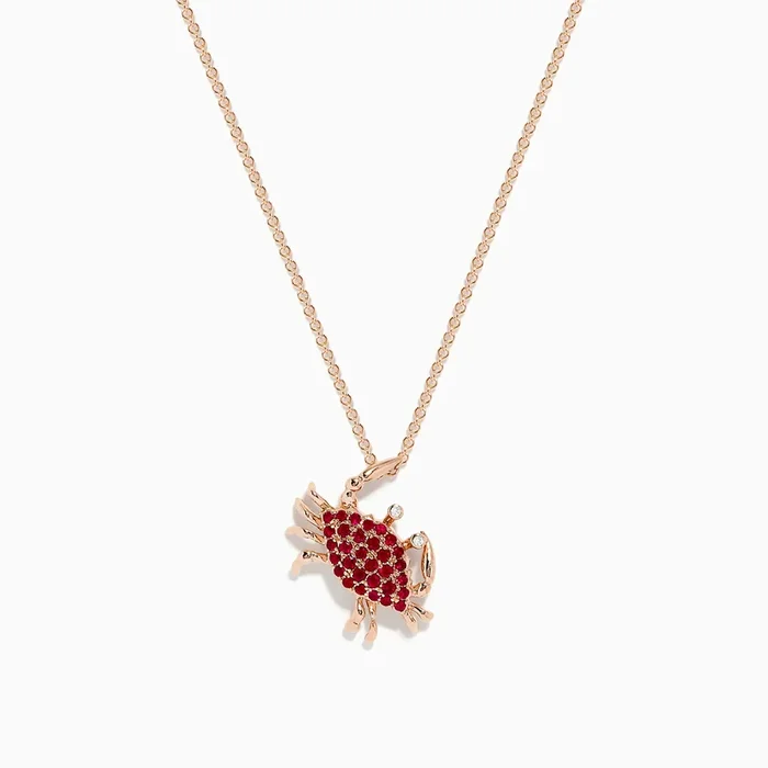 Seaside 14K Rose Gold Diamond and Ruby Crab Pendant
