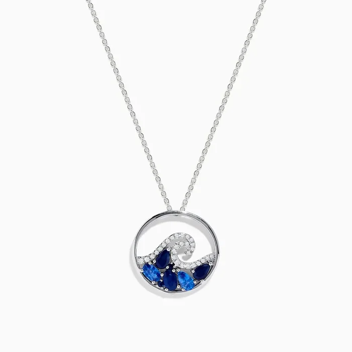 Seaside 14K White Gold Blue Sapphire and Diamond Wave Pendant