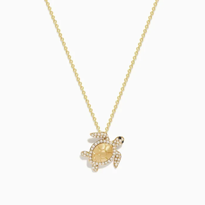Seaside 14K Yellow Gold White and Black Diamond Turtle Pendant