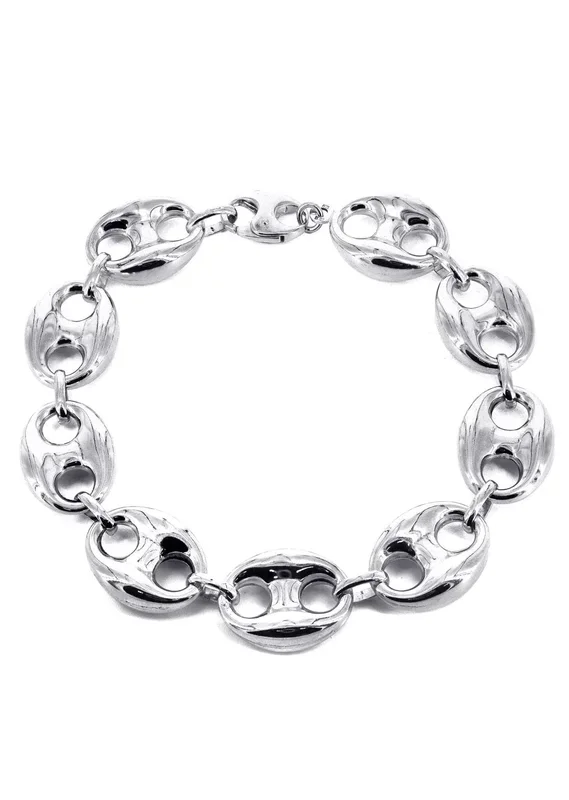 Semi Solid Mens Puff Bracelet 10K White Gold
