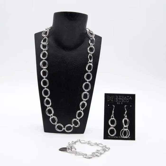 Set of Curved Double Oval Link Sterling Silver Necklace, Bracelet and Earrings