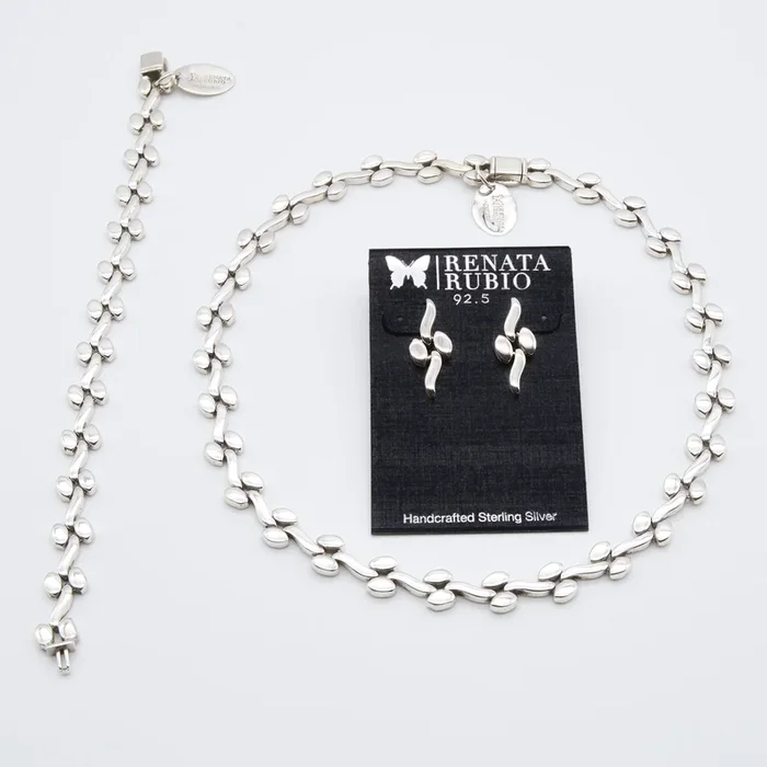 Set of Oval and Wavy Sterling Silver Link Necklace, Bracelet & Earrings