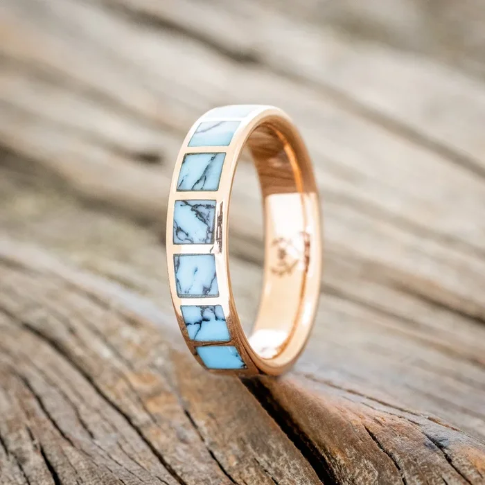 SEVEN WINDOWS WITH BLACK & BLUE TRUSTONE INLAY WEDDING RING