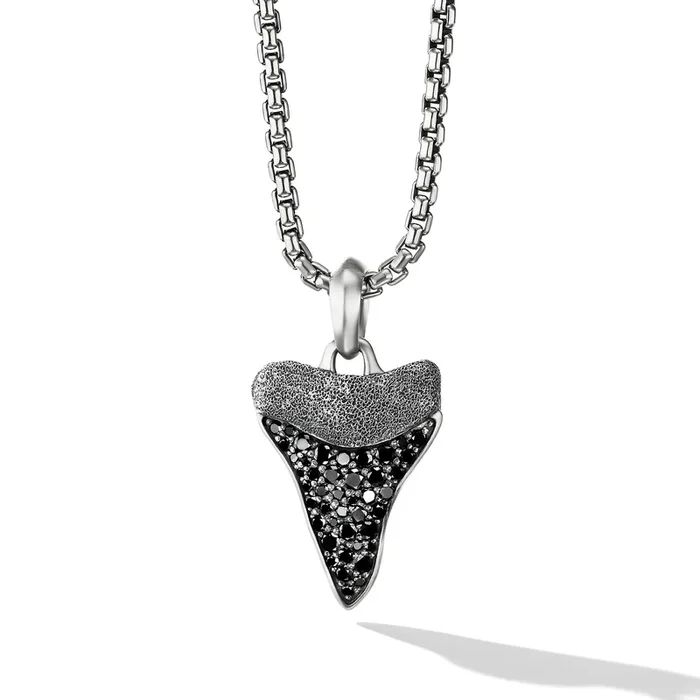 Shark Tooth Amulet in Sterling Silver with Black Diamonds, 27mm