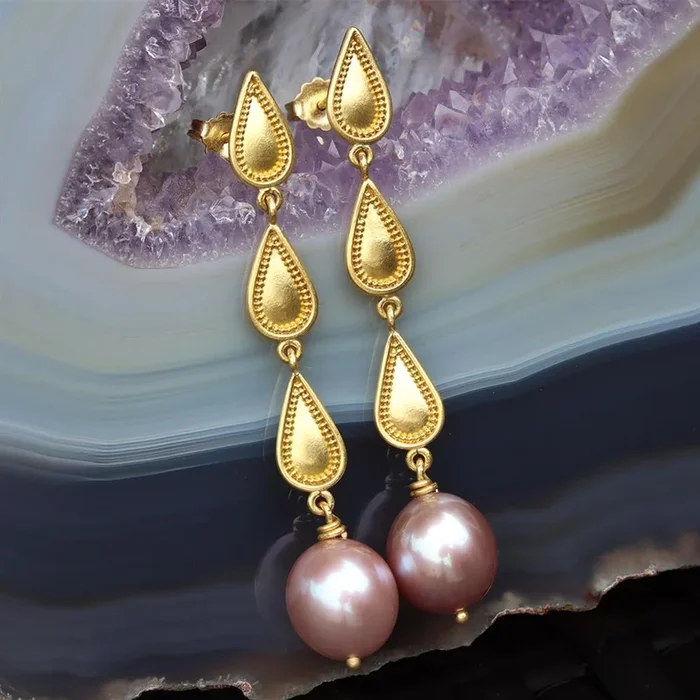 Sheila Stillman Mauve Pearl Drop Earrings in 22k Gold