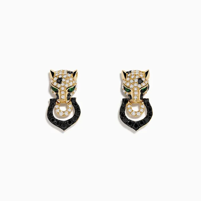 Signature 14K Yellow Gold White and Black Diamond Panther Earrings
