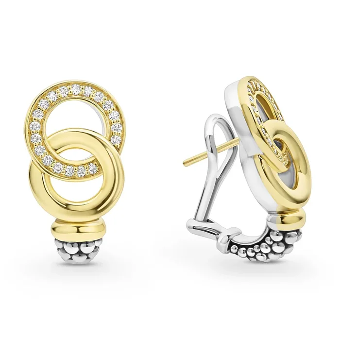 Signature Caviar Two-Tone Interlocking Diamond Omega Clip Earrings