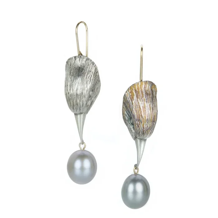 Silver Bird Head Earrings with Gray Pearl Drops