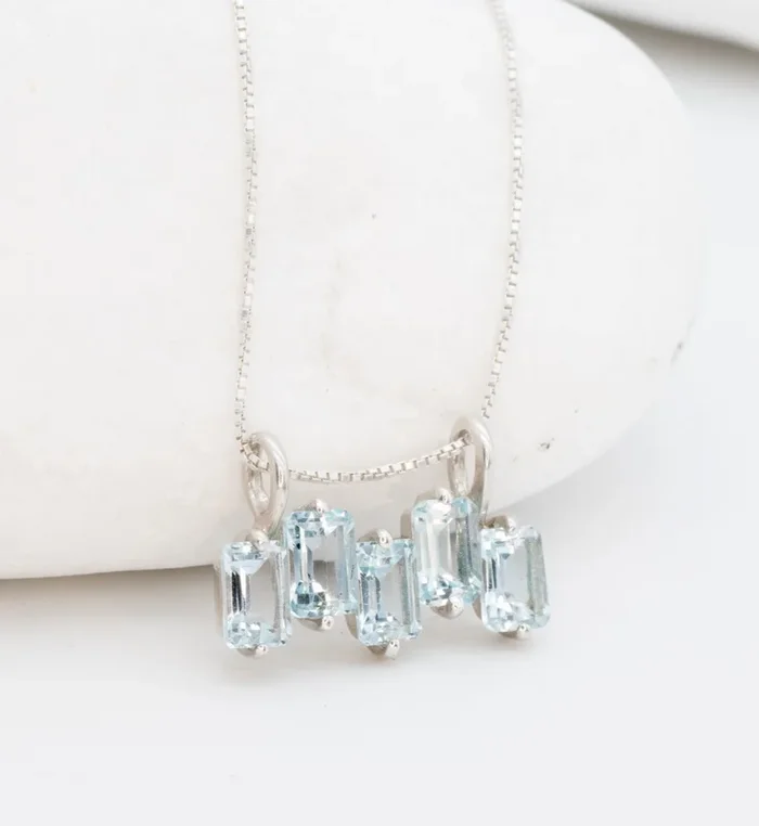 Silver Blue Topaz Baguette Pendant in Staggered Pattern