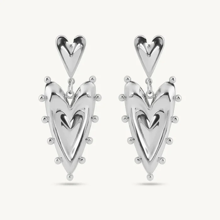Silver Double Heart Drop Earrings