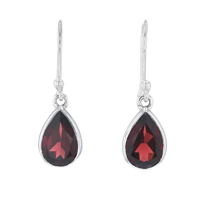 Silver Pear Garnet Bezel Set Earrings