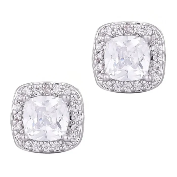 Silver Plated Cushion CZ Halo Stud Earrings