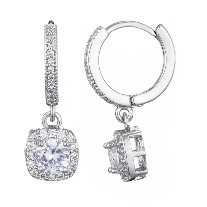 Silver Plated Cushion Halo CZ Huggie Earrings