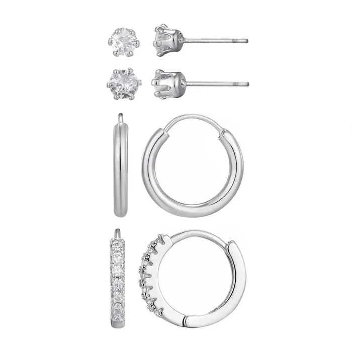 Silver Plated CZ Hoop and Solitaire Stud Set