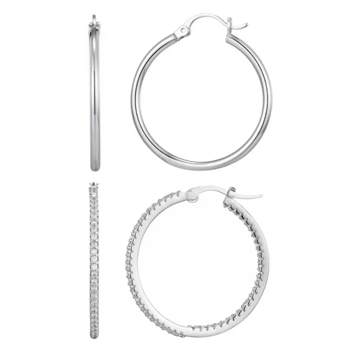 Silver Plated Infinity CZ and Plain Hoop Earring Set