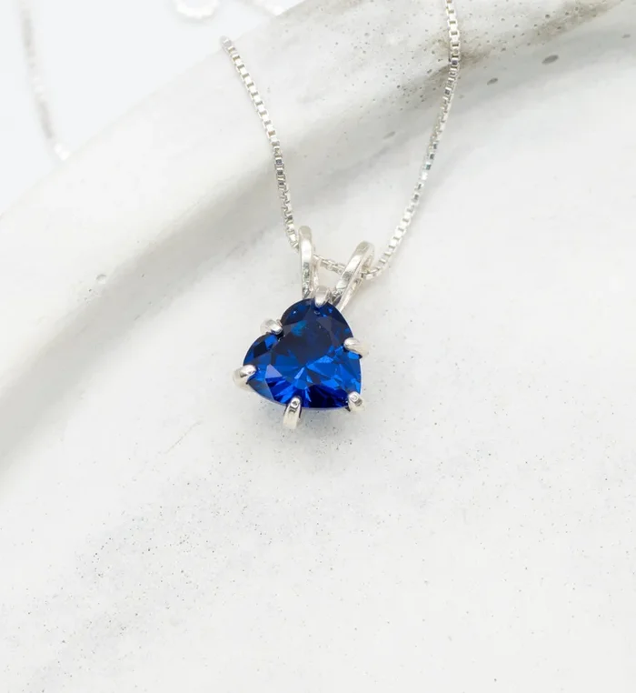 Silver Sapphire Heart Pendant, Slanted Heart Sapphire Pendant, Solitaire Sapphire Heart Pendant