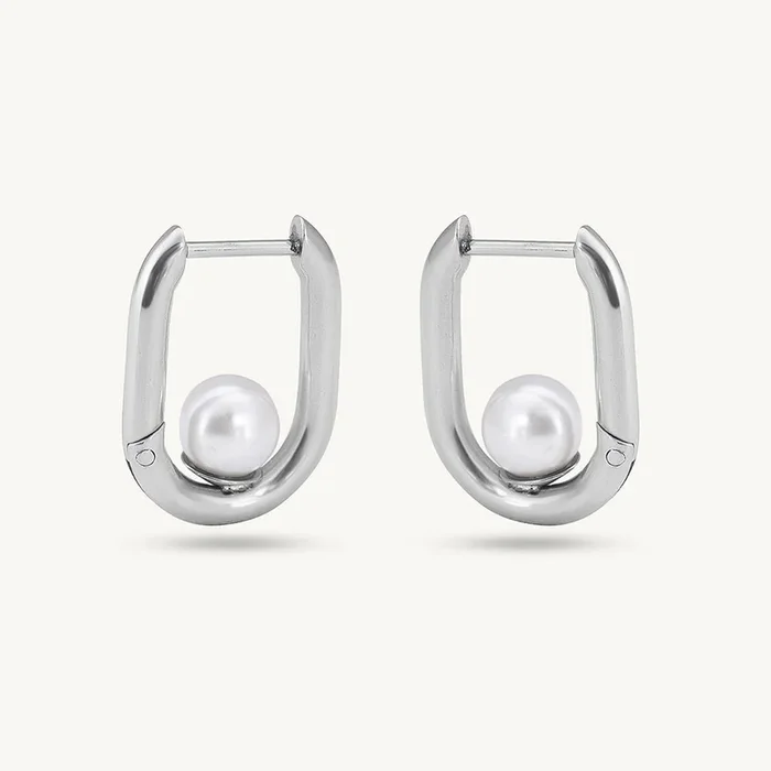 Silver U Pearl Hoop Earrings