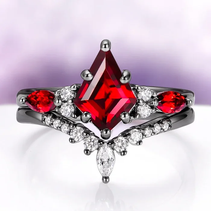 Skye Kite® Natural Red Garnet Kite Engagement Ring Set in Black Rhuthenium