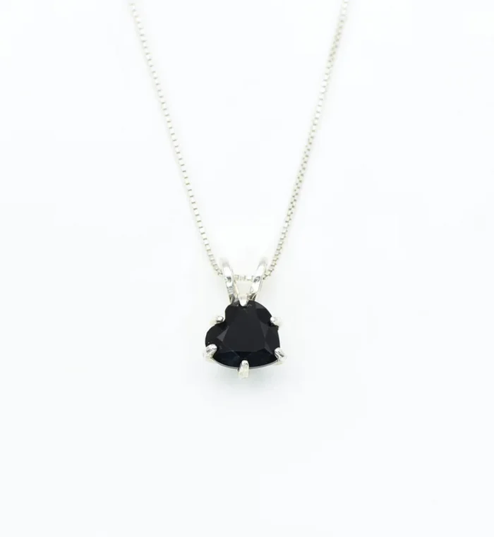 Slanted Heart Onyx Necklace, Natural Black Onyx Pendant, Silver Onyx Necklace