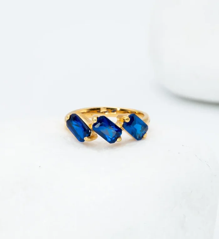 Slanted Sapphire Baguette Ring, Gold Trilogy Ring, Three Stone Sapphire Ring