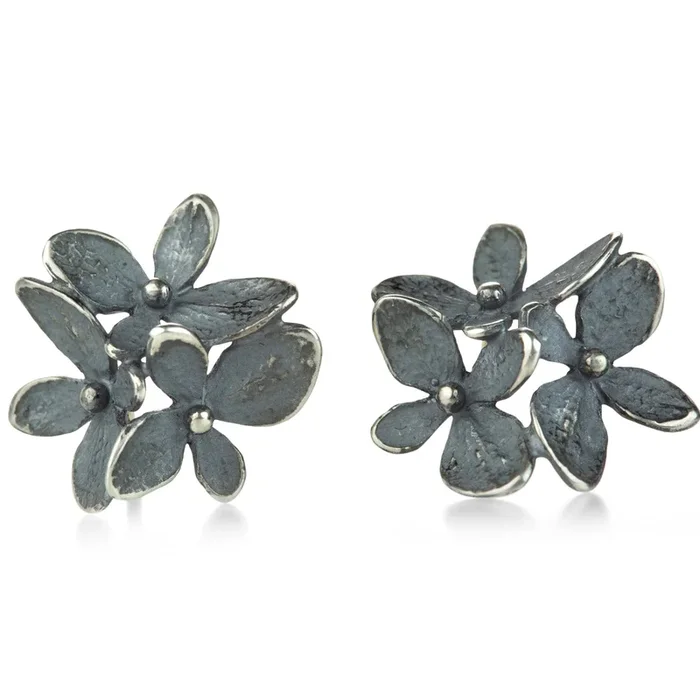 Small 3 Part Oxidized Silver Hydrangea Studs