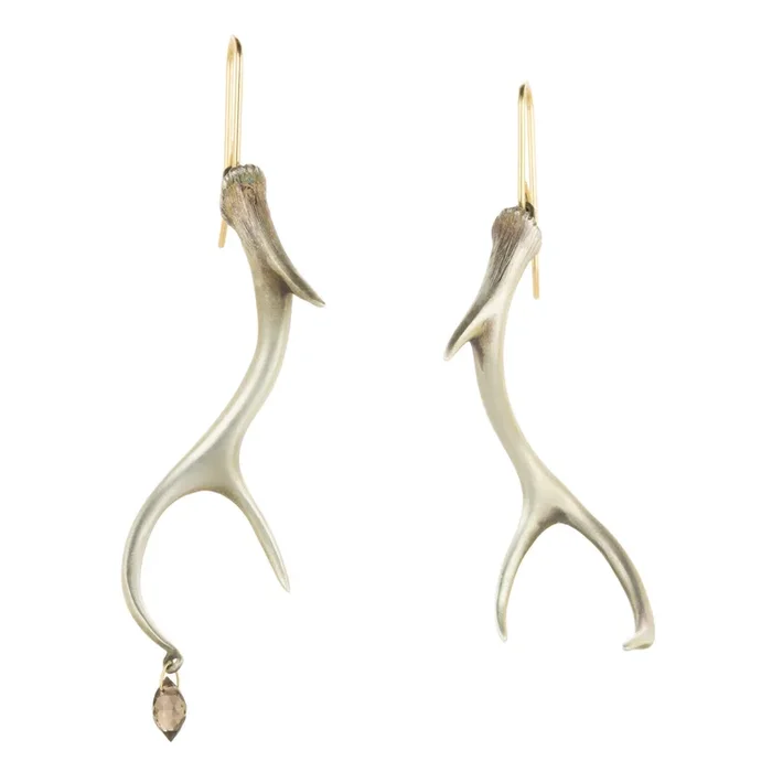 Small Silver Antler Earrings with Smoky Topaz Drop