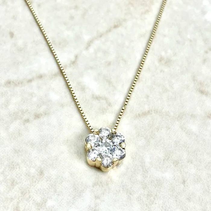 Solid 14K Yellow Gold 1/2 Carat Diamond Cluster Pendant Necklace
