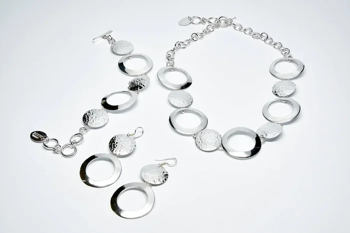 Solid and Open Sterling Silver Disk Set of Necklace, Bracelet and Earrings