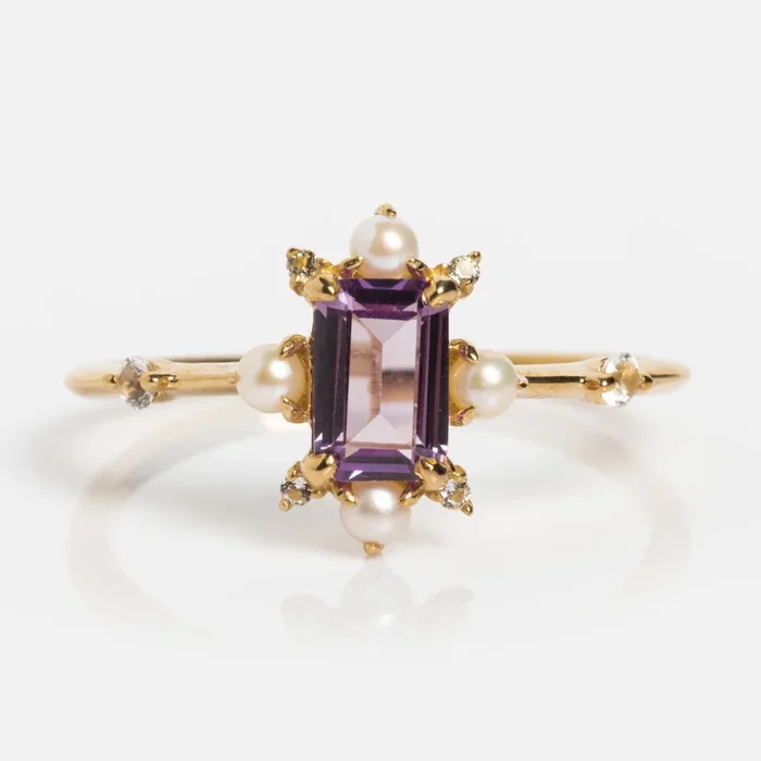 Solid Gold 2025 June Capsule Art Deco Alexandrite and Pearl Statement Ring