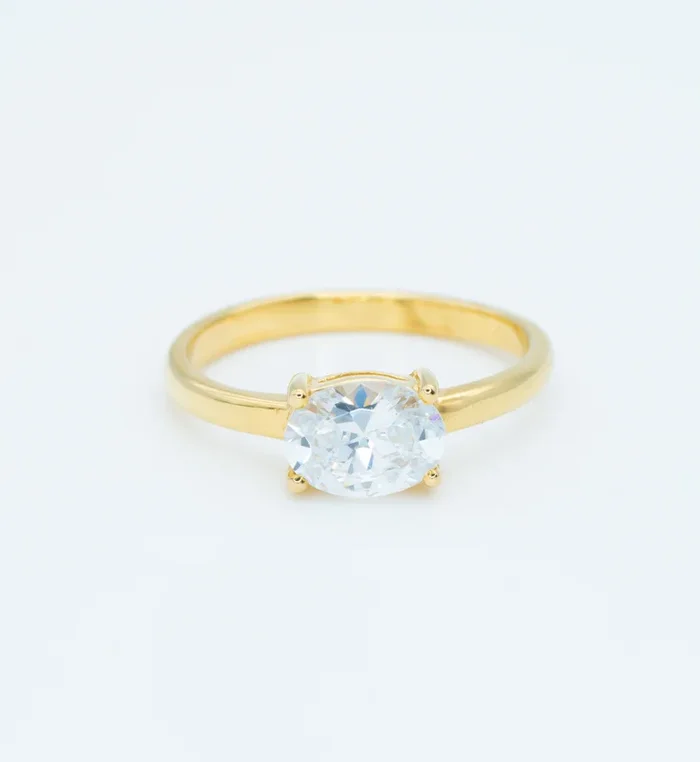 Solitaire Diamond Gold Ring, Oval Solitaire Ring, Horizontal Diamond Ring