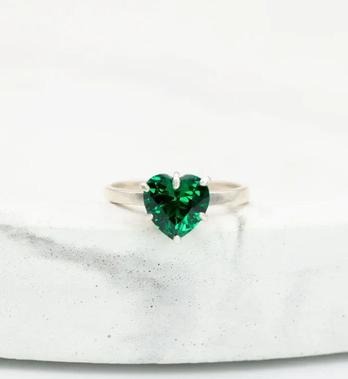 Solitaire Emerald Silver Heart Ring, Emerald Heart Ring, Green Heart Ring
