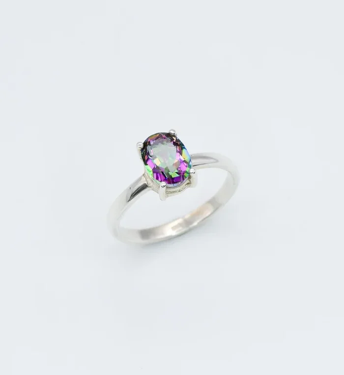Solitaire Mystic Topaz Ring, Oval Purple Silver Ring, Mystic Topaz Engagement Ring