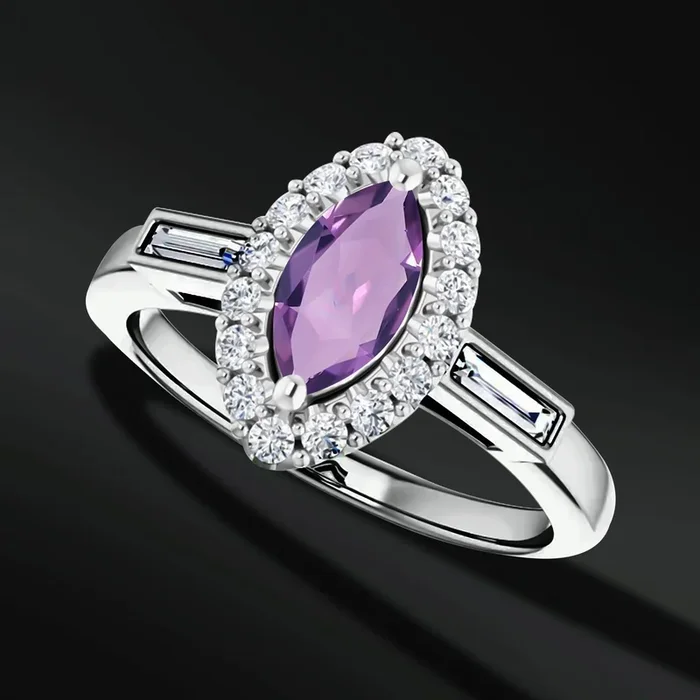 Soulmate Spark – 14K Gold Engagement Ring | 8x4mm AAA Natural Amethyst | Natural Diamonds with GHI Color and SI2-SI3 Clarity