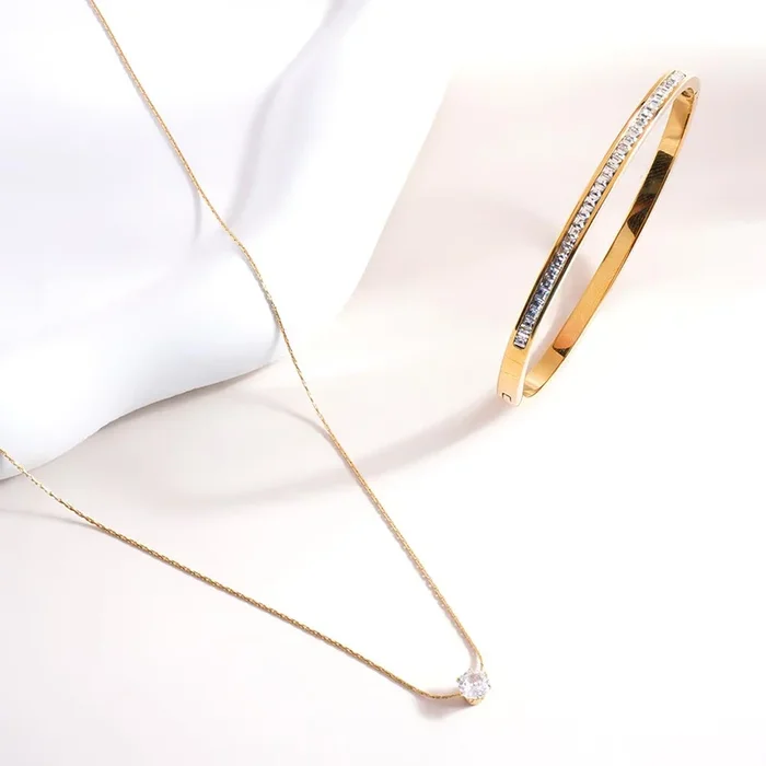 Sparkling Line Bangle Bracelet & Delicate Diamond Studded Necklace Combo Set