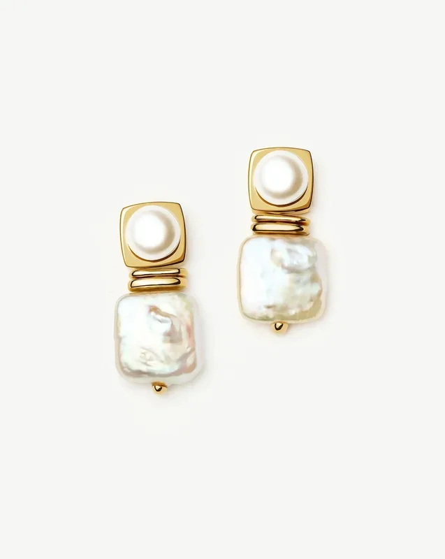 Square Pearl Small Stud Earrings | 18k Gold Plated