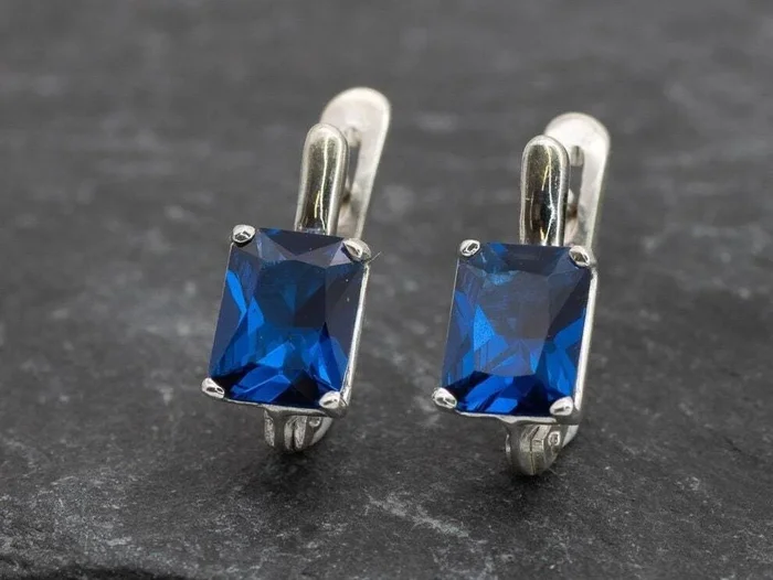 Square Sapphire Earrings – Blue Square Studs – Vintage Drop Earrings