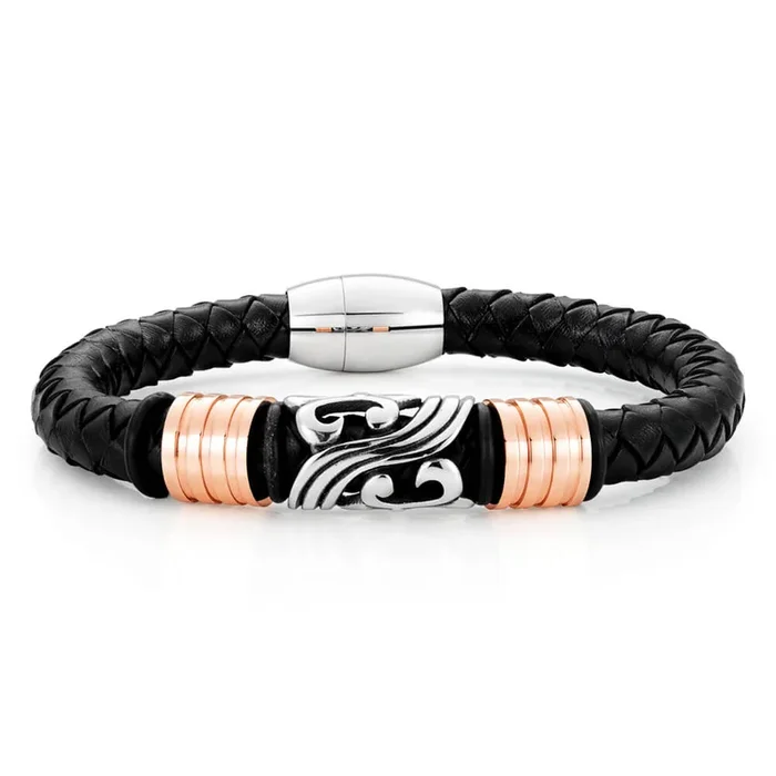 Stainless Steel ‘Forte’ Black Woven Leather Gents Bracelet