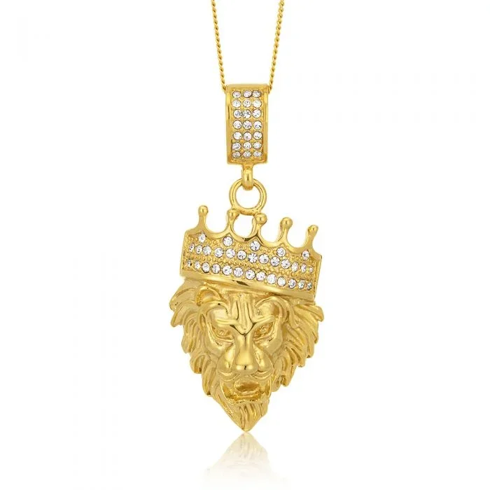 Stainless Steel and Gold Plated Crystal Lion Head with Crown Pendant