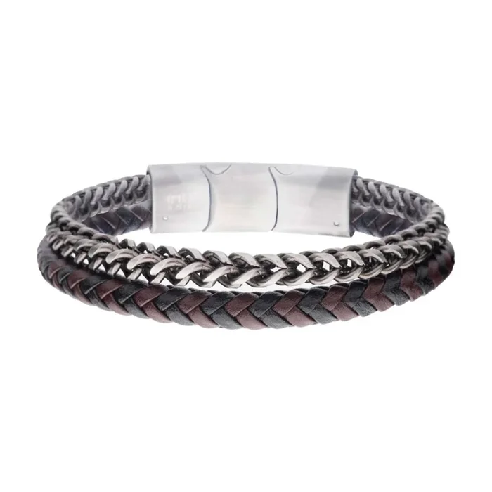 Stainless Steel And Multi Strand Leather Foxtail Chain Stacking Duo Bracelet