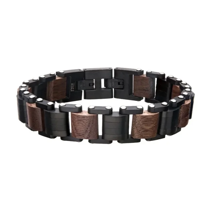 Stainless Steel Black IP With Walnut Wood and Fold Over Clasp Bracelet Link Bracelet