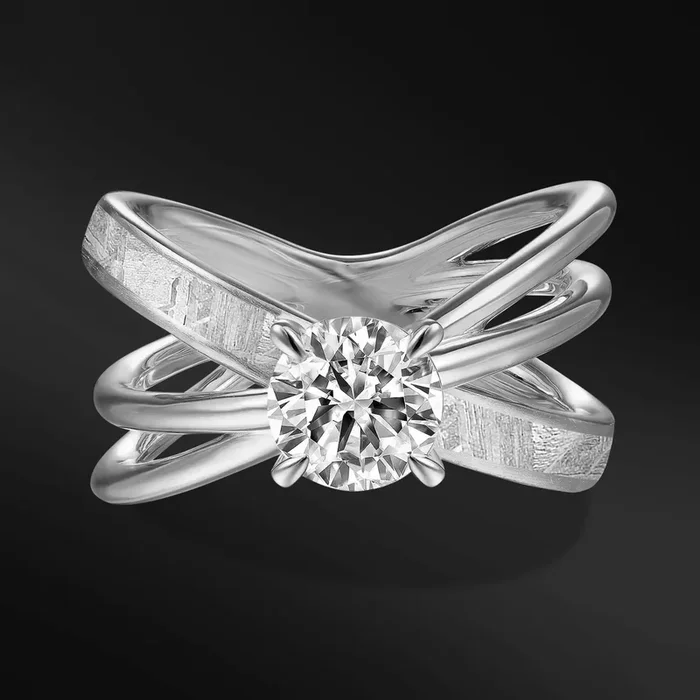 Star Orbit – 14K Gold or Sterling silver Ring for Women | Certified 1 CT Round Moissanite & Meteorite Engagement Ring | Unique Crisscross Design Bridal Ring