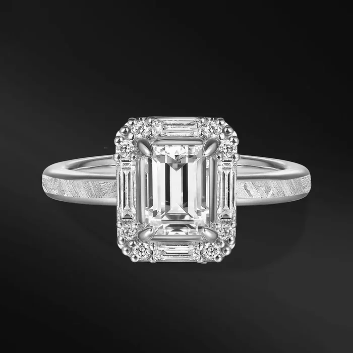 Starry Light – Women’s Ring For Women | 1 CT Emerald Cut Certified Moissanite Engagement Ring | D – Color, VVS1 Clarity | Muonionalusta Meteorite