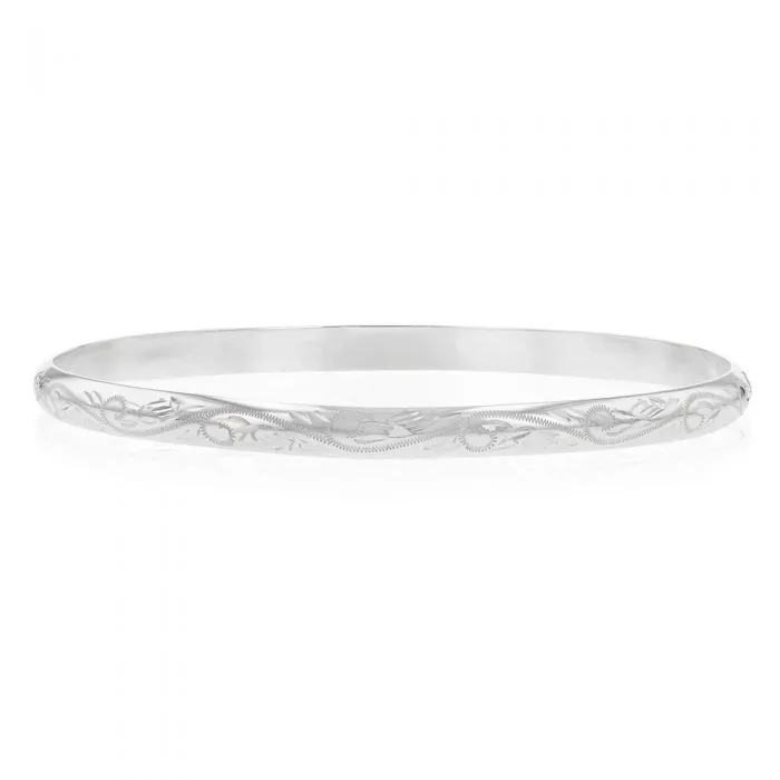 Sterling Silver 5mmx65mm Patterned Engraved Bangle