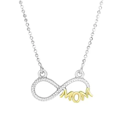 Sterling Silver and 14kt Yellow Gold Infinity Necklace with Gold Mom on 18″ Ball Chain