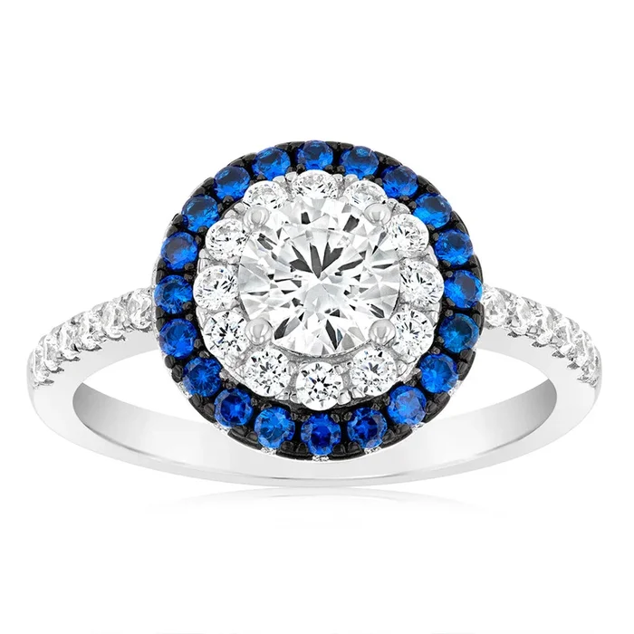 Sterling Silver Blue And White Zirconia Fancy Ring