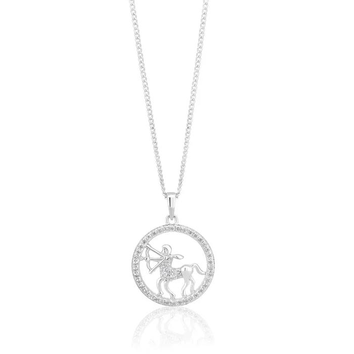 Sterling Silver Cubic Zirconia Sagitarius Horoscope Round 19mm x 26mm Pendant
